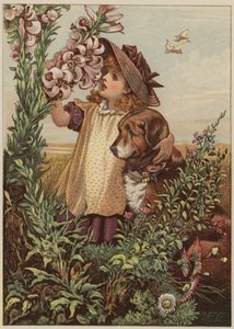 Girl with dog smelling flowers