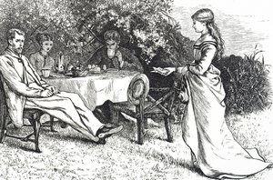Illustration depicting a family taking breakfast in the garden by Mary Ellen Edwards