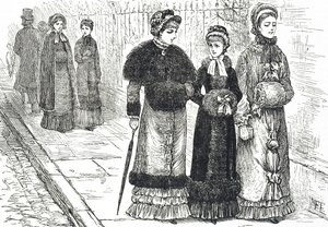 Illustration depicting young women with muffs, to keep their hands warm during the colder weather by Mary Ellen Edwards