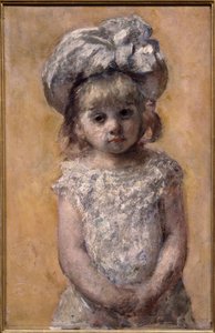 Portrait of girl in lace dress. Portrait of a little girl in a white dress looks sad. Painting by the American Mary Cassatt by Mary Stevenson Cassatt