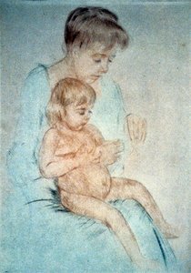 Woman holding small nude child on lap while manicuring her fingernails, c1904