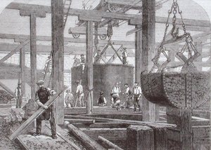 View of construction work taking place at Blackfriars Bridge for the London, Chatham and Dover Railway showing the sinking of a cylinder for one of the circular stone piers by Mason Jackson