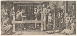 Women Spinning, Weaving and Sewing by Master FG