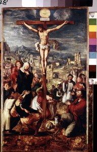 Calvary. Prayer around the crucified Christ with the city of Jerusalem in the background. Inscription "INRI" on the cross and above the dove of the Holy Spirit. Among the figures represented around Jesus Christ: the Virgin Mary, Saint by Master of Brunswick