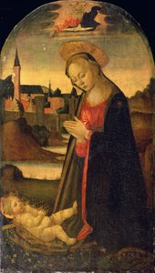 The Madonna Adoring the Child, A Town on a River beyond, c.1478
