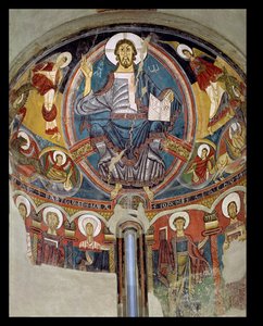 Christ in Majesty flanked by seraphim and symbols of the Evangelists, apse fresco from San Climente in Taull, Catalonia by Master of Tahull