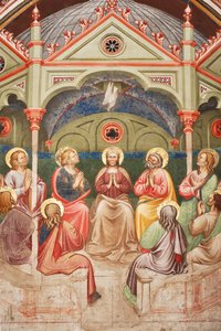 The Pentecost (detail with praying saints and Virgin Mary, and the dove), c.1420 by Master of Vignola
