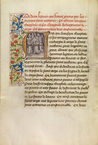 Initial A: The Body of Saint Anthony Transported to Constantinople and the Healing of Two Lepers after Touching the Saint