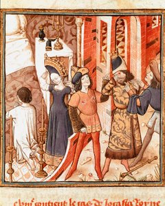 Legend of Jocasta, Queen of Thebes. Oedipus, blind, after realizing he killed his own father. Miniature of the Master of the Champion of Ladies (15th century) from the manuscript 