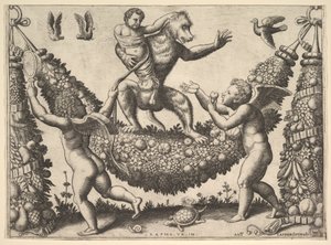 A Monkey Holding a Bound Putto Standing on a Garland by Master of the Die