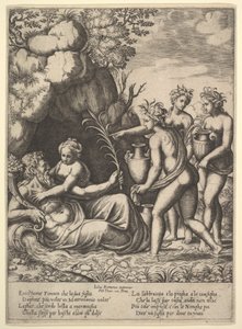 Daphne Embracing Her Father, the River-God Peneus, at the Left Three Nymphs Bring Jars, 1530-60 by Master of the Die