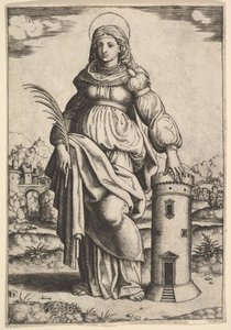 Saint Barbara standing, palm in her right hand, resting her left hand on a tower by Master of the Die