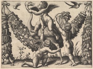 Three putti before a large garland, the one in the middle rides an ostrich, ca. 1530-40 by Master of the Die