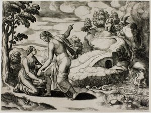 Venus Ordering Psyche to Seek Water from a Fountain Guarded by Dragons by Master of the Die