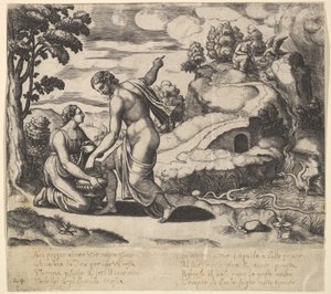 Venus ordering Psyche to take water from a fountain guarded by dragons, 1530-60 by Master of the Die