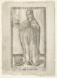 Charity from the Tarocchi, series B: Cosmic Principles & Virtues, #38, before 1467 by Master of the E Series Tarocchi