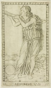 Melpomene, Plate Seventeen from Apollo and the Muses by Master of the E Series Tarocchi