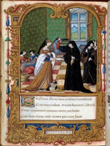 Margarita of Angouleme (1492-1549) Queen of Navarre presents her book to the Duchess of Etampes and favorite of Francois I Anne Pisseleu. Page taken from the manuscript La coche ou Debat d