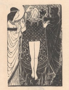 Blindfolded Woman Between Two Figures