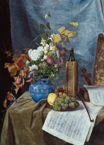 Arrangement with Wine Bottle, Flowers and Fruit by Mathilde Dietrichson
