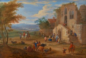 A Landscape with Alms being distributed before a Ruined Abbey