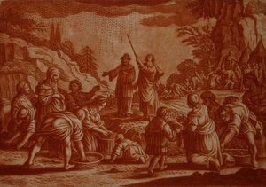The Israelites Gathering Manna, illustration from a Bible (sepia engraving)