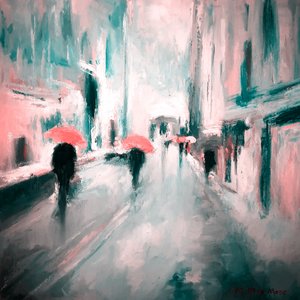 Pink Umbrellas Rainy Street by Matthys Moss