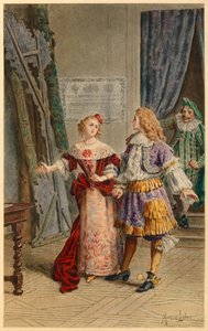 Backstage at Scapin, Armande, Baron and Moliere (illustration) by Maurice Leloir