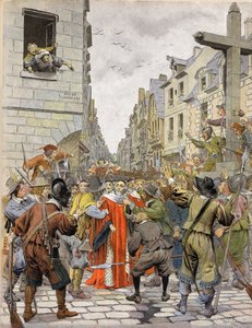 La Fronde: Journees des Barricades (August 1648): At the cross of Trahoir (at the corner of Saint Honore streets and of the Dry Arbre in Paris), the crowd demands that Mathieu Mole, first Speaker of Parliament, go to the Palais R