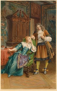 Moliere reads a new play to Armande Bejart (illustration) by Maurice Leloir