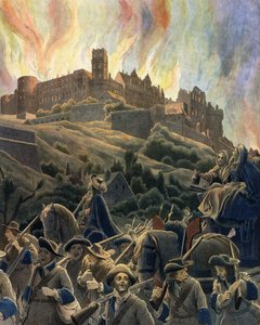 The Fire of the castle of Heidelberg bombed by the French forces of General Ezechiel du Mas, Count of Melac during the War of the League of Augsburg in 1689 and 1693. Chromotypography in Le Roy Soleil (Louis XIV) by Gustave Toutwelve, Illu by Maurice Leloir