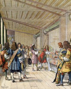 The painter Charles Lebrun explained to Louis XIV, known as Le Roi-Soleil (King Soleil or Louis the Great) by Maurice Leloir