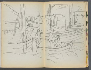 Sketchbook: The Granite Shore Hotel, Rockport, Figures on a Sailboat (page 114 & 115) by Maurice Prendergast
