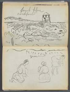 Sketchbook - The Granite Shore Hotel, Rockport, page 124 & 125: Rockport Lighthouse and Figures on Shore by Maurice Prendergast