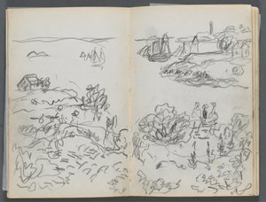 Sketchbook, The Dells, No. 127, page 042 & 43: Cove with Boats and Figures by Maurice Prendergast
