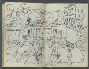 Sketchbook, The Dells, No. 127, page 146 & 147: Landscape with Figures and Buildings by Maurice Prendergast