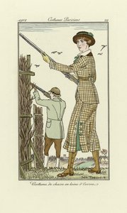 Design for Ladies Tweed Shooting Outfit, from Costumes Parisien, pub.1912 by Maurice Taquoy