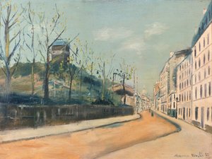 Rue Lepic, Montmartre, with the Moulin de la Galette and the Sacre Coeur by Maurice Utrillo