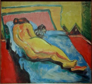 Reclining Nude with Cat by Max Pechstein