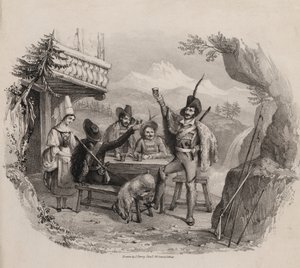 Hunters in the mountains enjoying a drink at a tavern