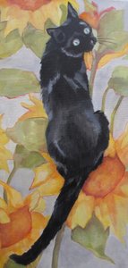 Black Cat Among Sunflowers by Maxine Shore