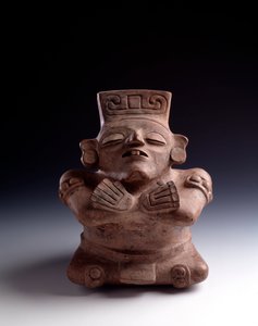 Pre-Columbian Art, Mayan Civilization, Classical Period: Anthropomorphic Clay Vase Depicting a Seated Character, Legs and Arms Crossed, Face Turned Upwards. From La Lagunita, Quiche, Guatemala. Guatemala, Museo Nazionale di Archeologia by Mayan Mayan