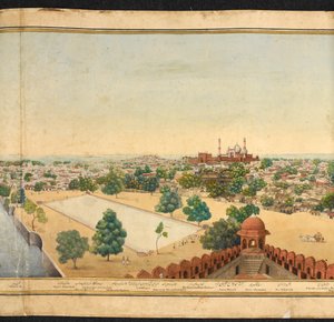Section of a panorama of Delhi, showing the Jama Masjid by Mazar or Mazhar Ali Khan