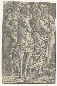Fragment of a Crucifixion with John the Evangelist and Mary and Soldiers by Meester IB met de vogel