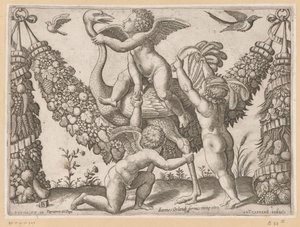 Three Putti and an Ostrich by Meester van de Dobbelsteen