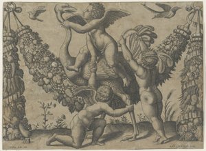 Three Putti with an Ostrich (series title: Tapestries of the Pope by Raphael) by Meester van de Dobbelsteen