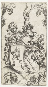 Coat of Arms with Acrobats and Sword Fighters by Meester van het Amsterdamse Kabinet