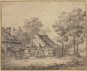 Houses under Trees, with a Wheel Mounted on a Pole by Meindert Hobbema