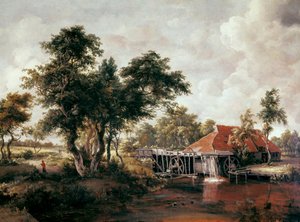 Water mill with large red roof by Meindert Hobbema