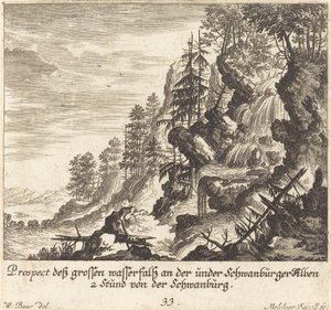 Large Waterfall, Schwanburg by Melchior Küsel after Johann Wilhelm Baur